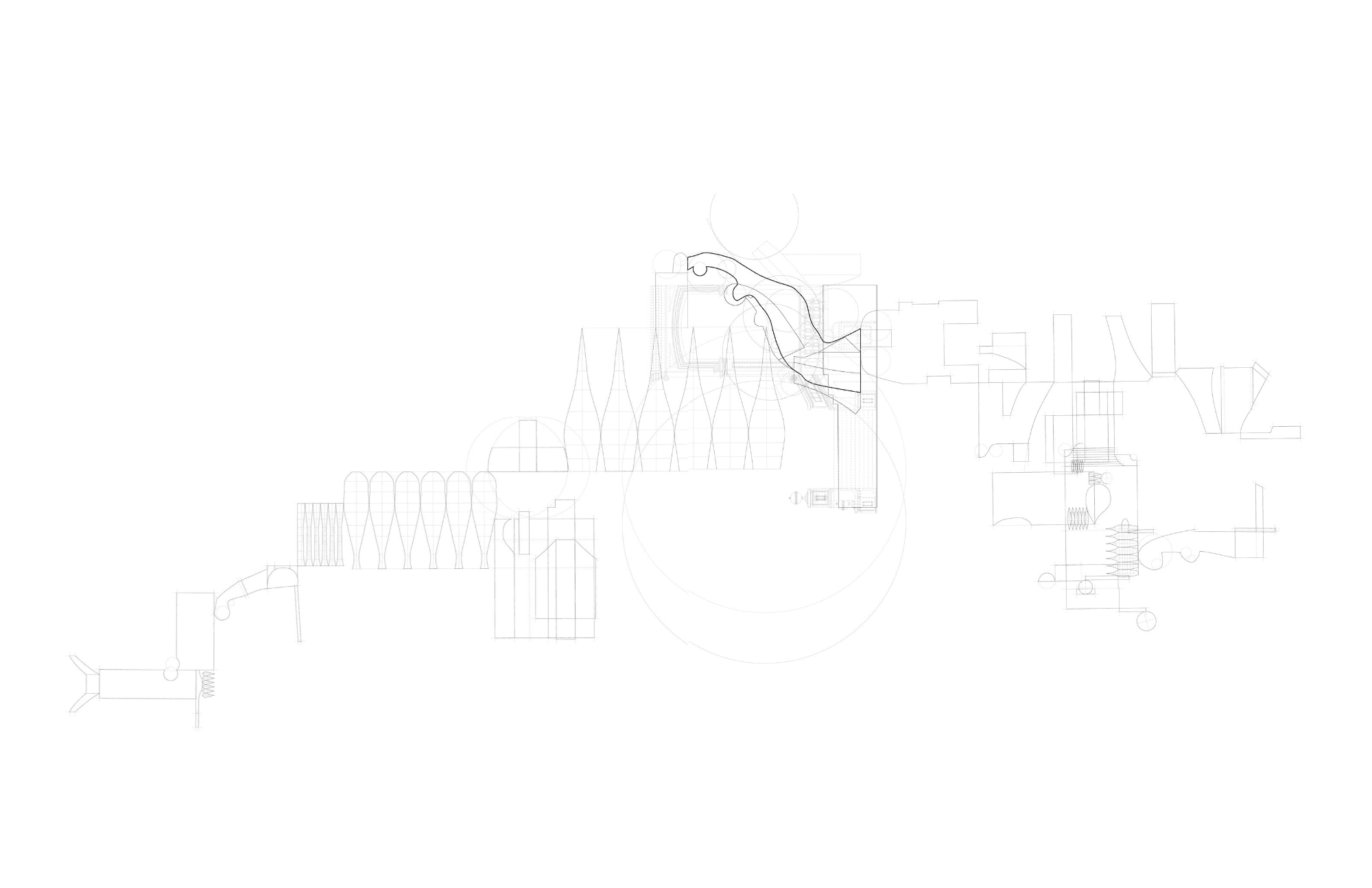 Wide elevation drawing overlaying a building section with an anatomical hand profile