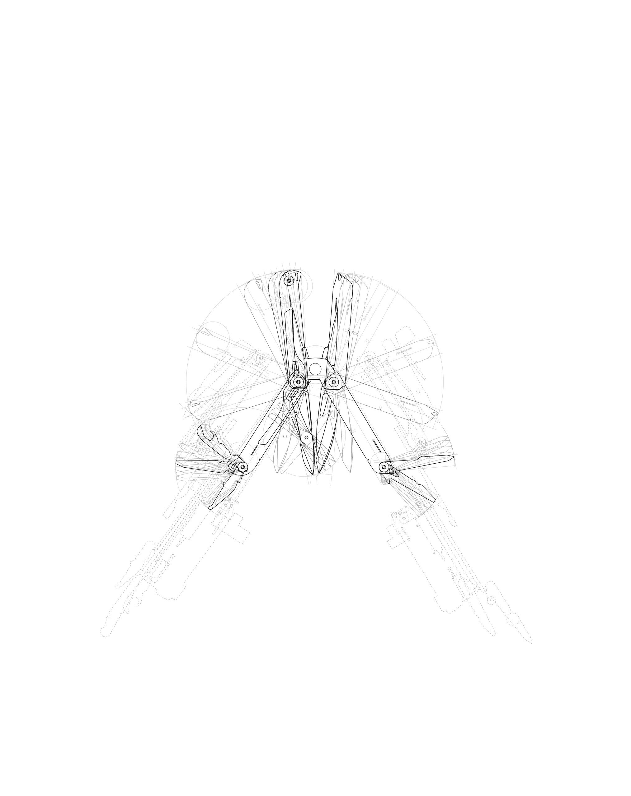 Kinetic motion diagram of a multi-tool fanning open from a central hinge