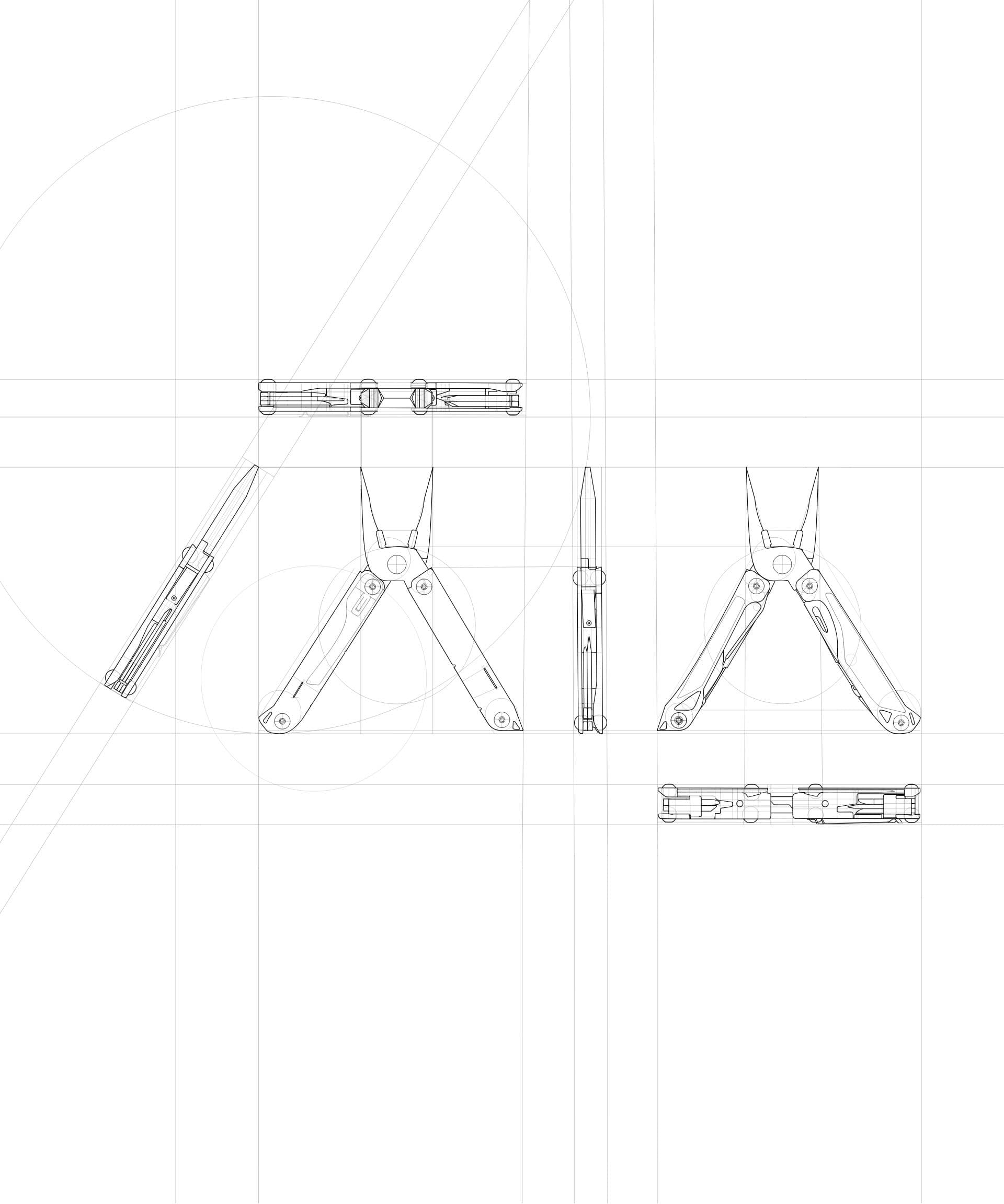Technical line drawings of multi-tools