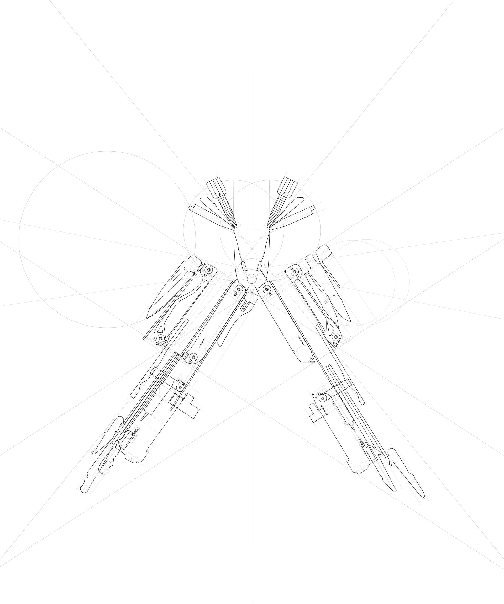 Diagram of a multi-tool's blades unfolding asymmetrically from a central pivot