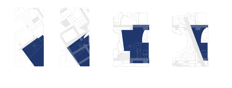 Four plan and section diagrams with voided volumes highlighted in indigo