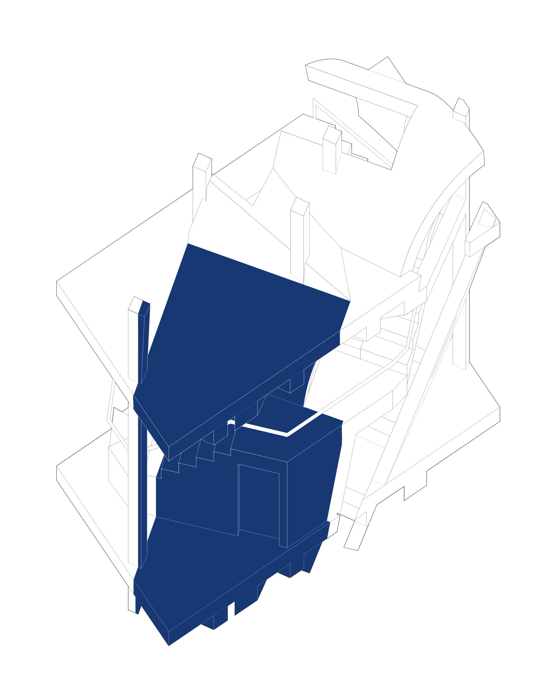 Axonometric cutaway drawing of the voided rectilinear prism with two volumes highlighted in indigo