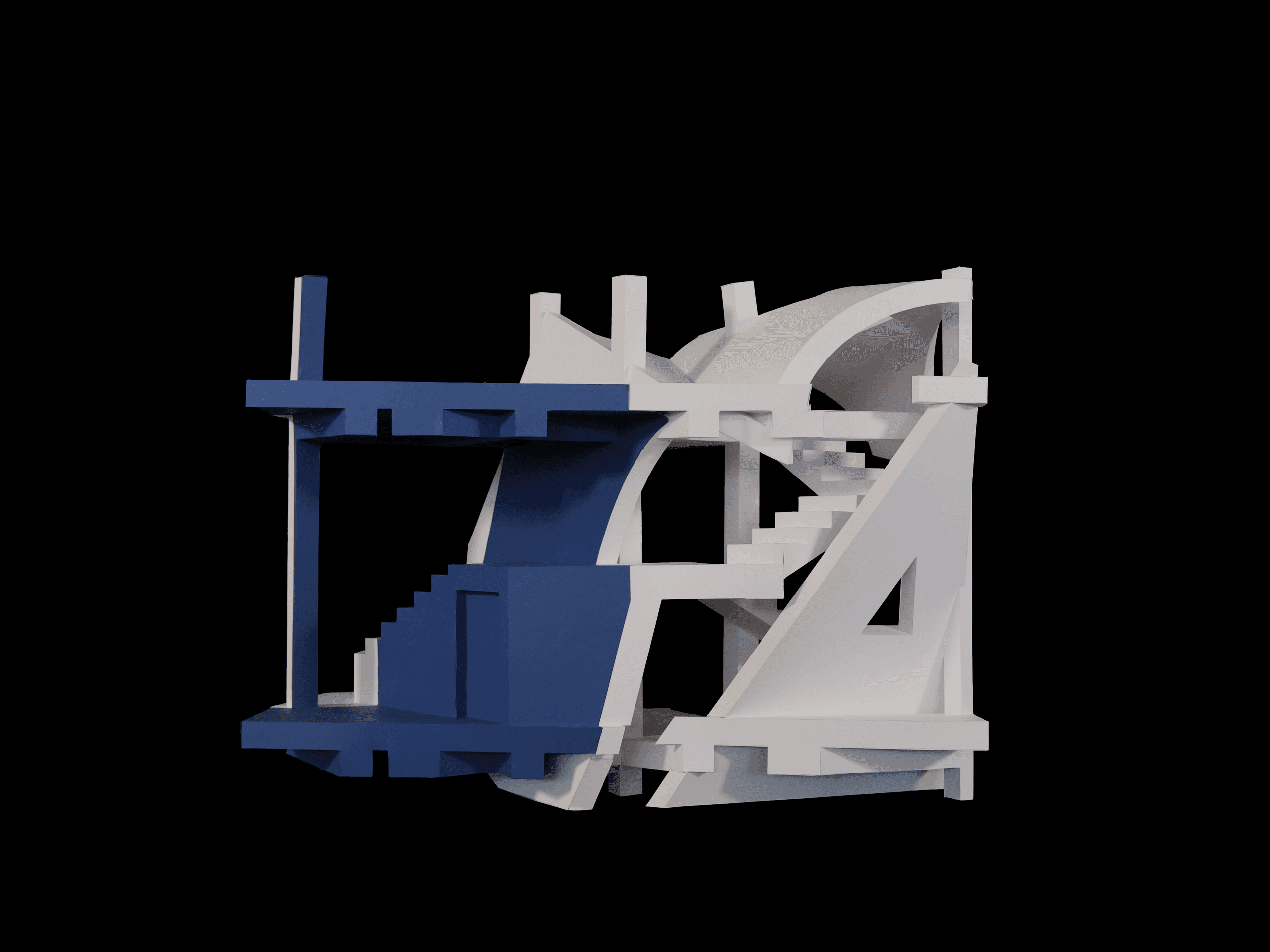 Wider view of the model's interior void and stair, painted indigo