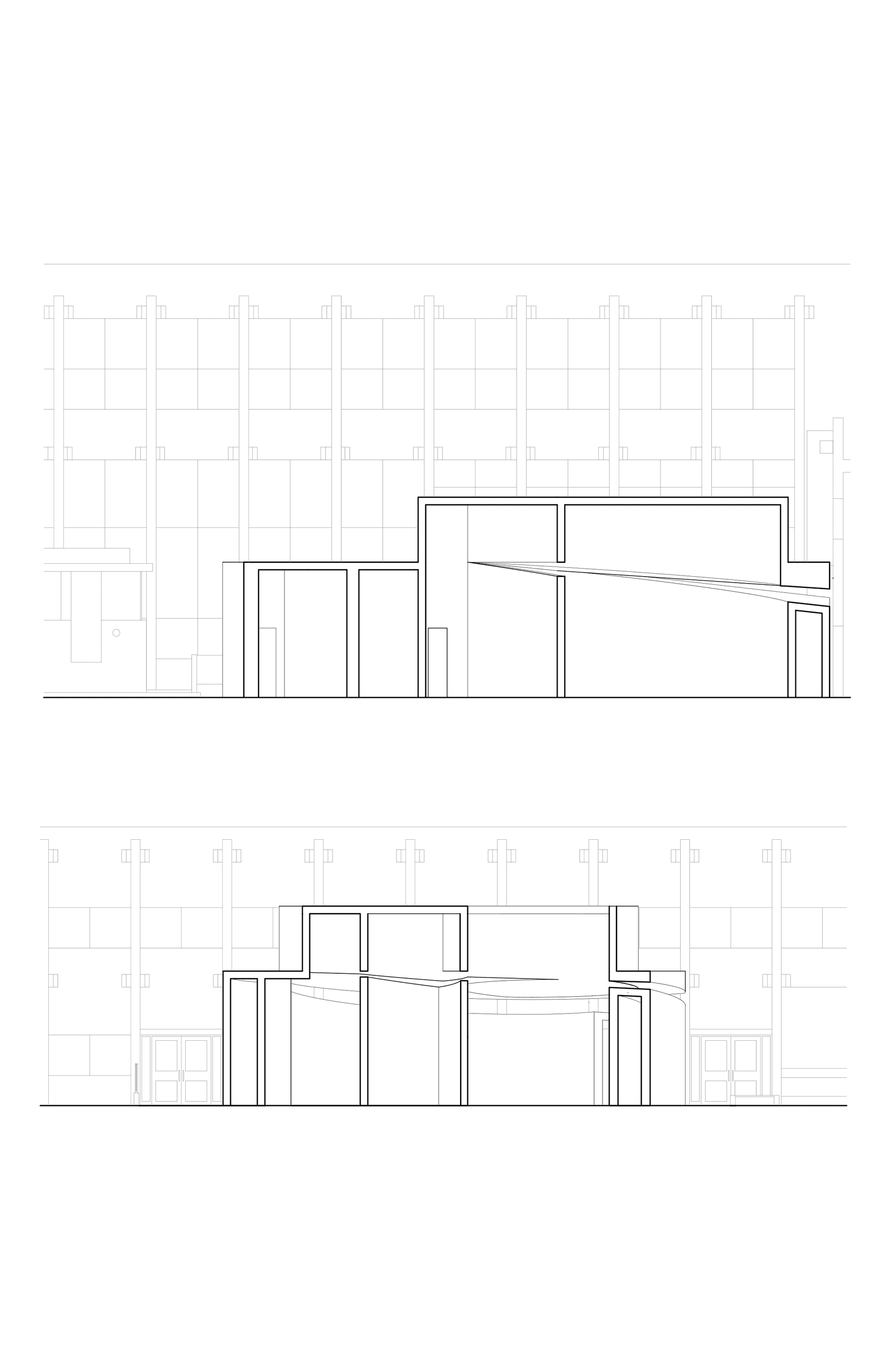 Two building sections showing the diagonal light-admitting cut through the upper volume