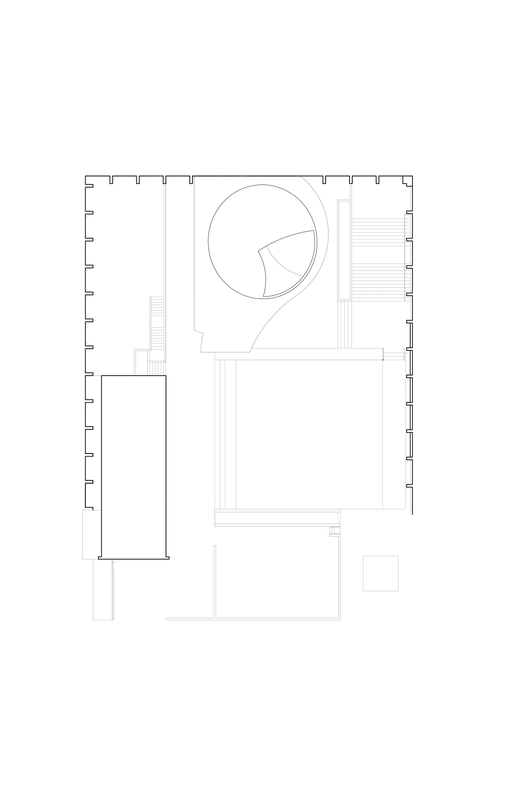 Site plan of the Wurster Courtyard redesign showing the curved drum inserted into the courtyard