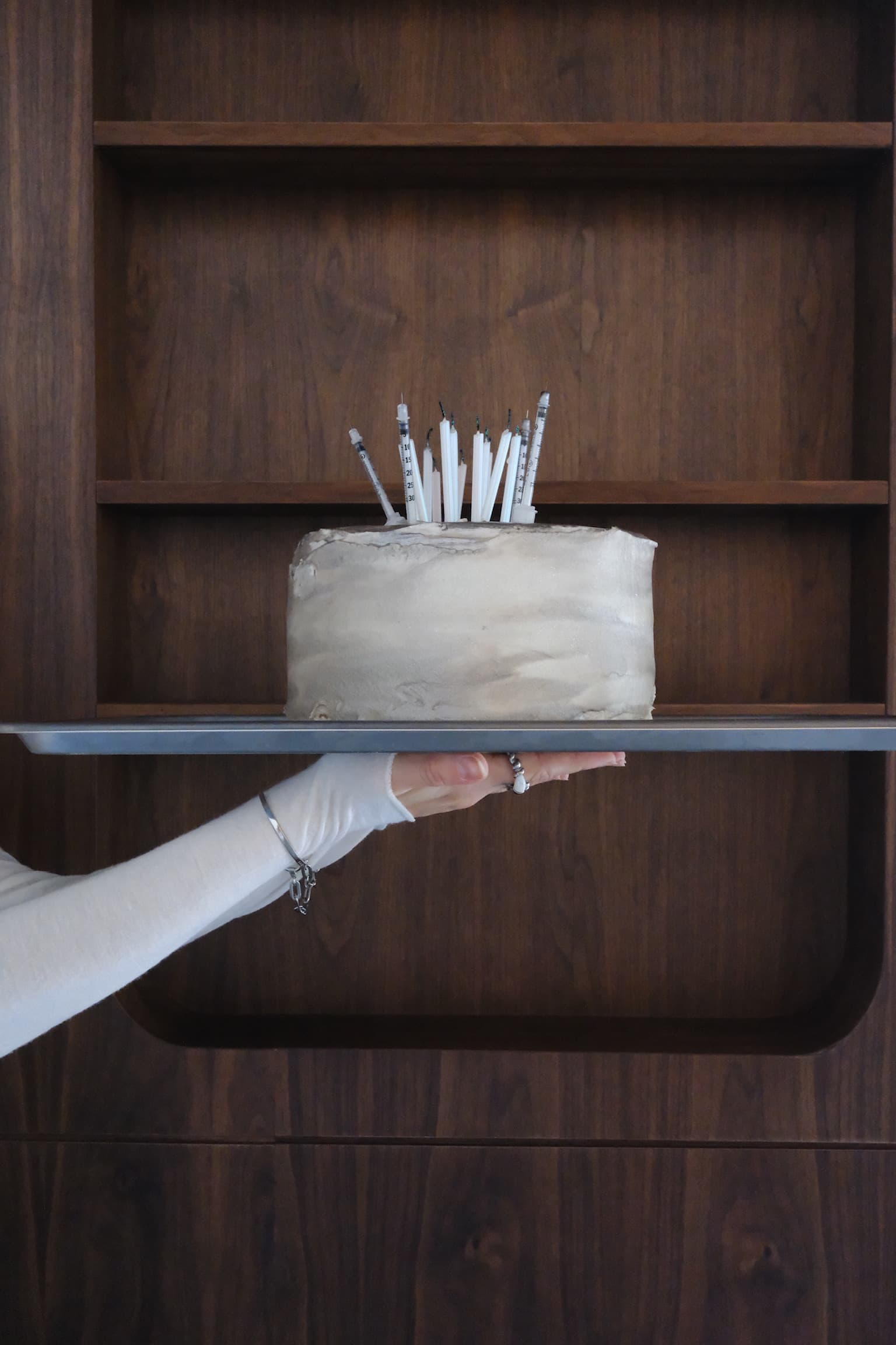 The cake held out on a steel tray in front of a walnut cabinet