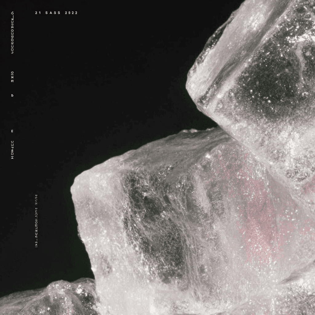 Translucent ice-like blocks lit dramatically against black