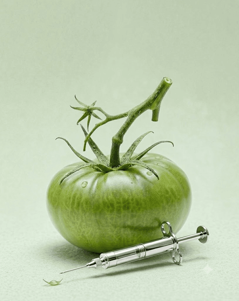 A green tomato beside a syringe, styled for a Saelo creator brief