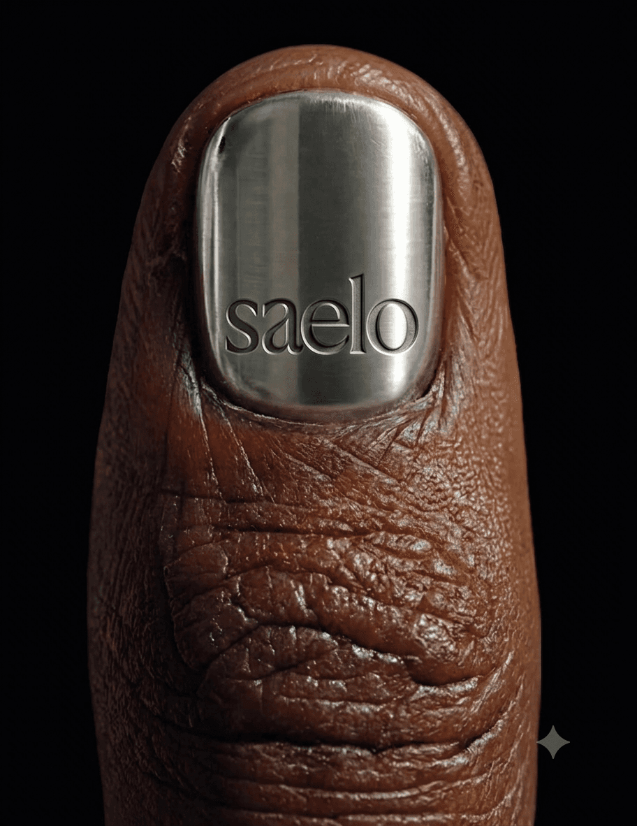 Close-up thumb wearing a metallic saelo-stamped cap