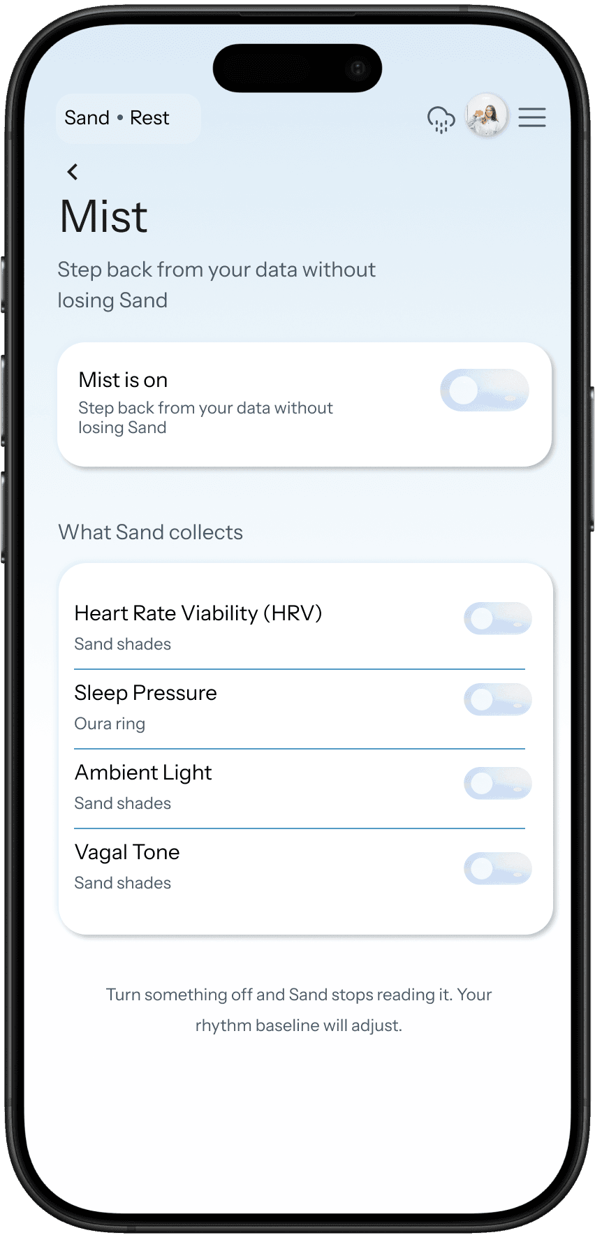 Mist mode settings screen listing HRV, sleep pressure, ambient light, and vagal tone toggles