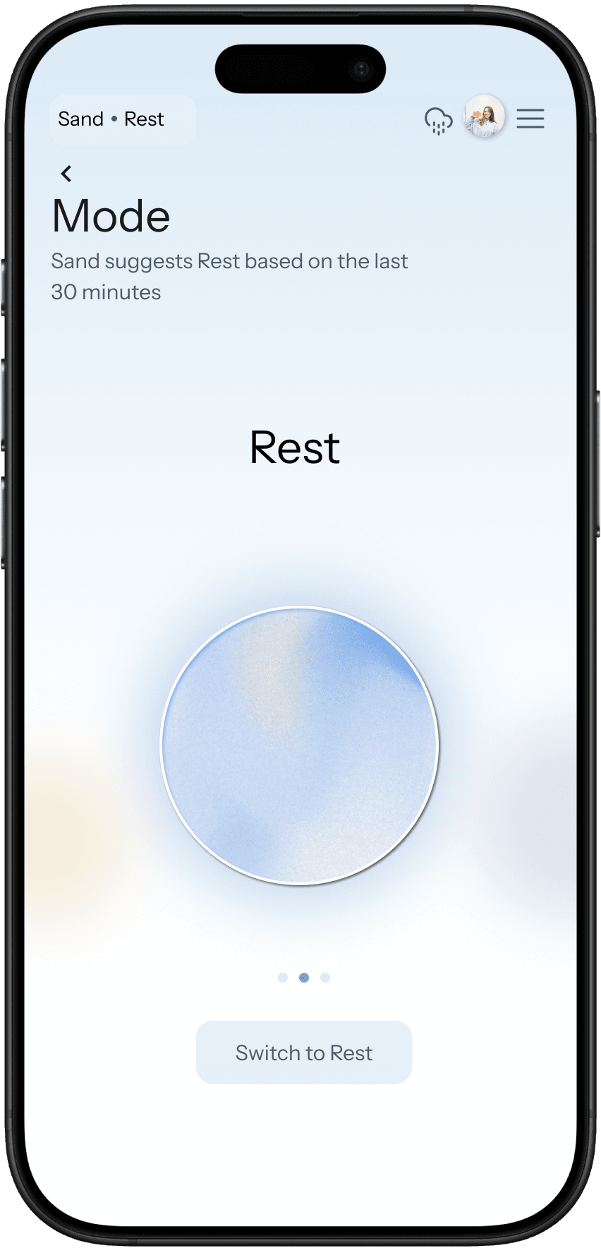 Sand app mode-switch screen suggesting Rest