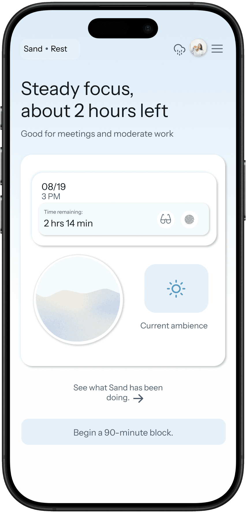 Sand app Steady mode screen showing focus time remaining