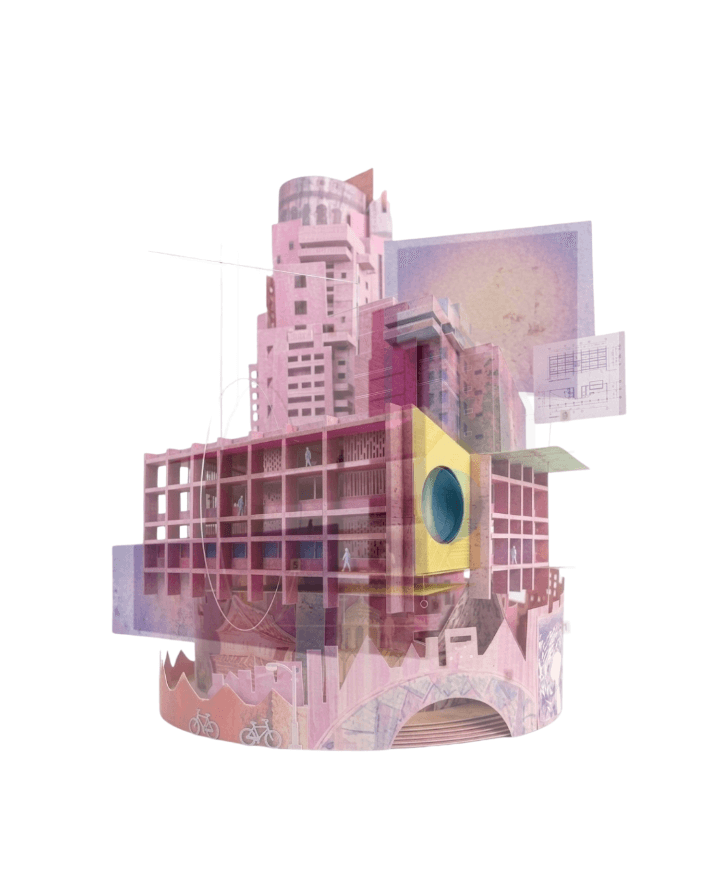 Collage of the Bauer Wurster Hall courtyard redesign, its curved drum volume rendered in pink, purple, and yellow over architectural line drawings