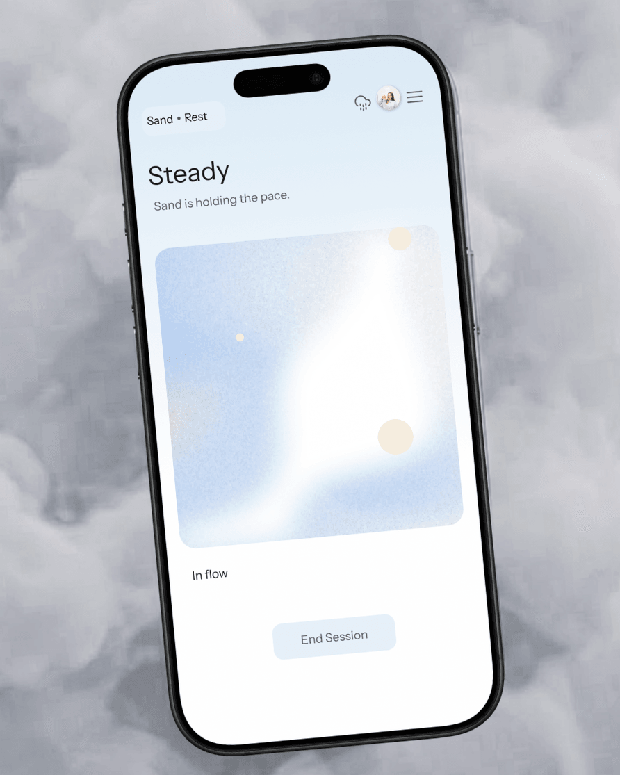 Sand app screen showing the Steady state, phone tilted against a cloudy sky